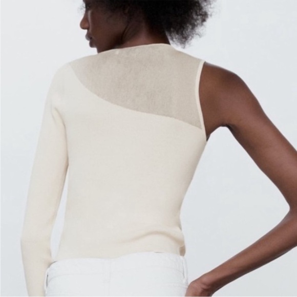 Zara Ivory Illusion Sheer Neck One Shoulder Asymmetric Knit Top size small - Picture 4 of 8